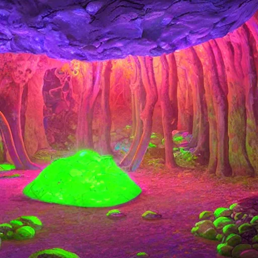 Prompt: a beautiful bioluminescent mushroom cave scene