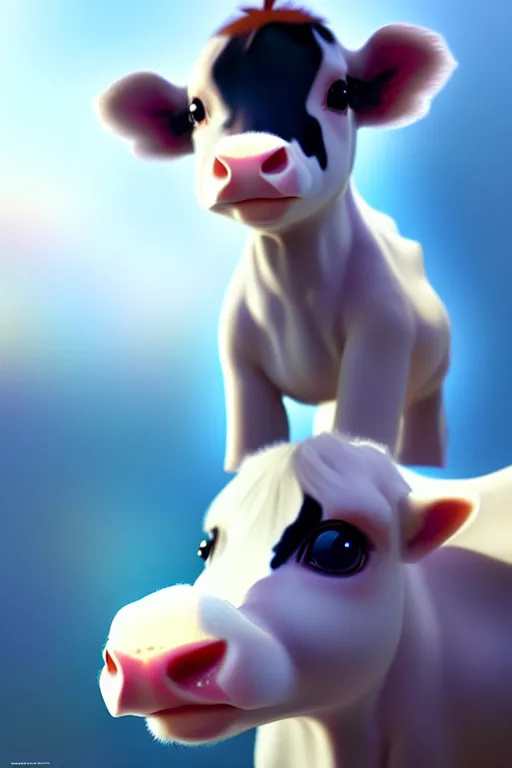 Image similar to very cute baby cow thinks about the cosmic multiverse, close up, high detailed face, by ilya kuvshinov, greg rutkowski and makoto shinkai, trending on artstation