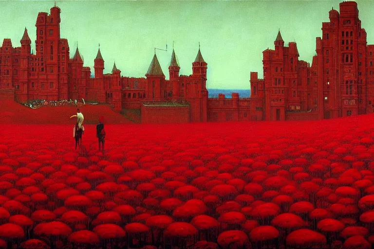 Image similar to only with red, red flowers of different types, red castle in background, red medieval goblins, in the style of beksinski, parts by edward hopper, parts by rodcenko, parts by yue minjun, intricate and epic composition, red by caravaggio, insanely quality, highly detailed, masterpiece, red light, artstation, 4 k