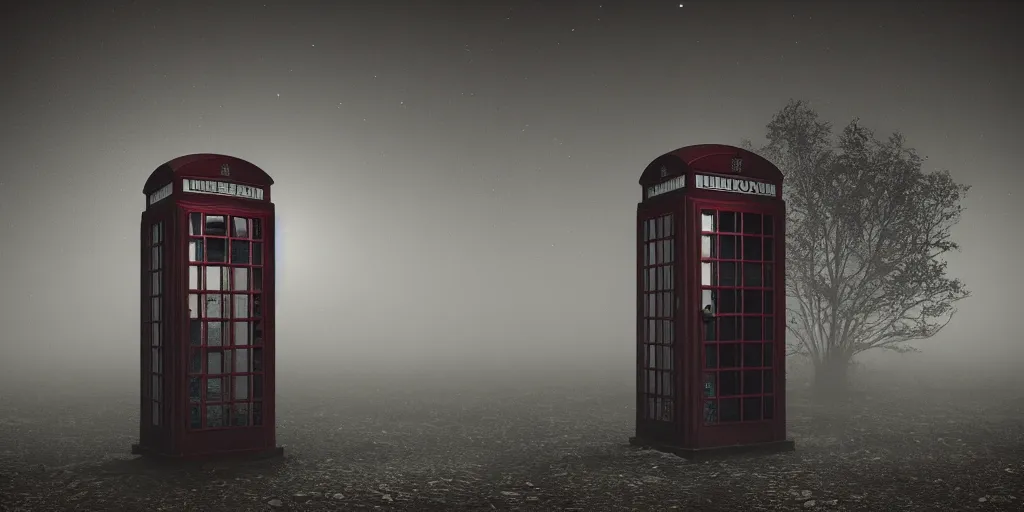 Image similar to a deserted telephone booth in the dark of the night, weird, haunted, misty, dark and evil, demonic, sinister, ambient lighting, 8 k render, hyper realistic, photo realistic, by wes anderson