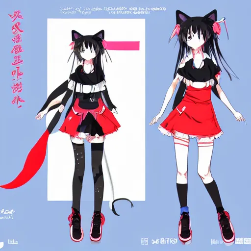 Image similar to Japanese styled anime character design sheet of a shy caucasian short girl with black hair, heterochromia eyes and with cat ears and cat tail wearing a white and blue moon inspired oufit, fishnet stockings, white sneakers, white earrings and a black nose ring, trending on artstation