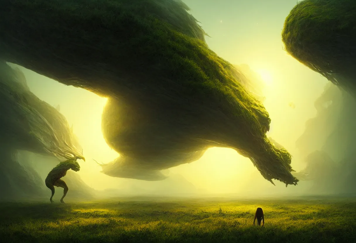 Image similar to strange creature emerging from surface of green summer planet at sunset, ultra high definition, ultra detailed, symmetry, fog, matte painting, by greg rutkowski and ross tran and wlop