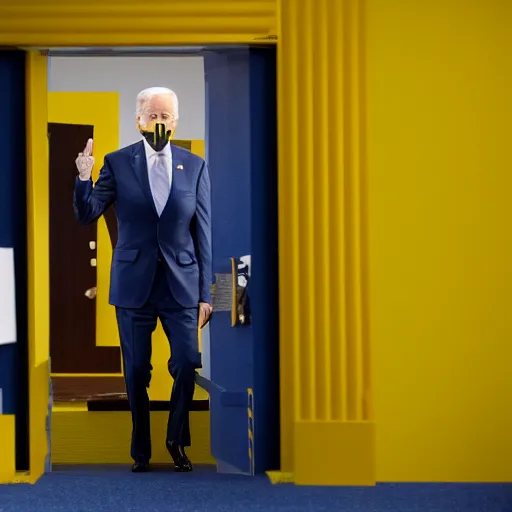 Prompt: joe biden inside an endless office with yellow walls