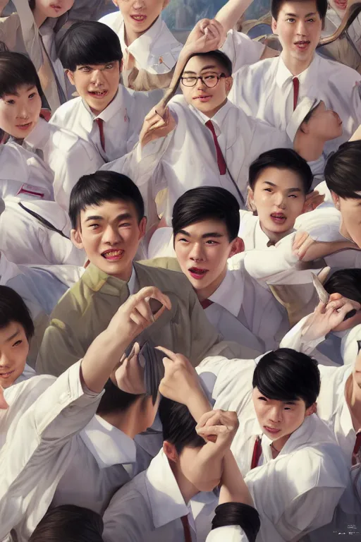 Prompt: top angle shot, wide lens of group of young asian student with white uniform pointing to the camera, octane render, photorealism, masterpiece painted by jc leyendecker, 8 k, high detail, fantasy art, dnd, artstation,