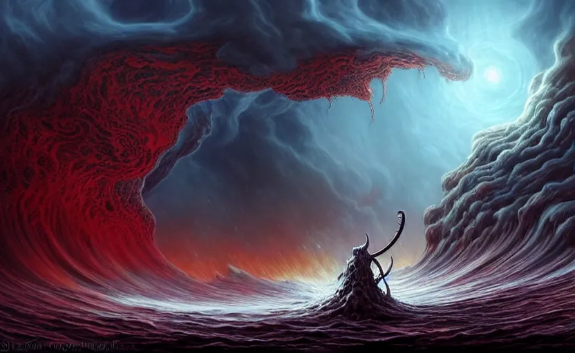 Image similar to beautiful digital fantasy illustration of a demon holding a staff!!, hellish background, a giant wave in the sky, apocalypse art!!!!, apocalypse landscape!!!!!, lovecraftian!!, cosmic horror!!!, concept art by Jarosław Jaśnikowski, a detailed matte painting by Dan Luvisi, cgsociety, fantasy art, highly detailed, soft lighting, rendered in octane, masterpiece, very very very aesthetic