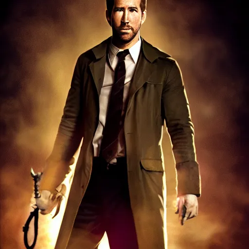 Image similar to a portrait of a Ryan Reynold as a John constantine, DC ,Grim fantasy, superheroes , HDR, natural light, shoulder level shot, dynamic pose, award winning photograph, Mucha style 4k,