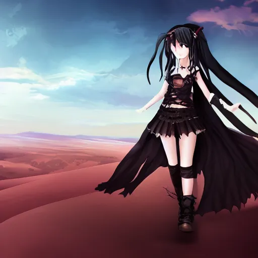 Image similar to a gothic anime girl in the middle of the desert, 4 k, digital art, trending on artstation, studio lighting, wide angle lens, 1 5 mm,