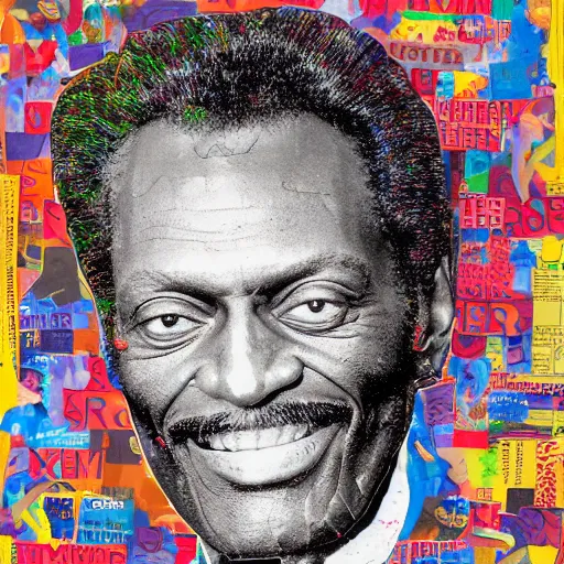 Image similar to a portrait of of chuck berry constructed from berries, collage, drop shadow, organic, layered composition, layers, texture, mcu, highly textured, layered, sculpted, dynamic,