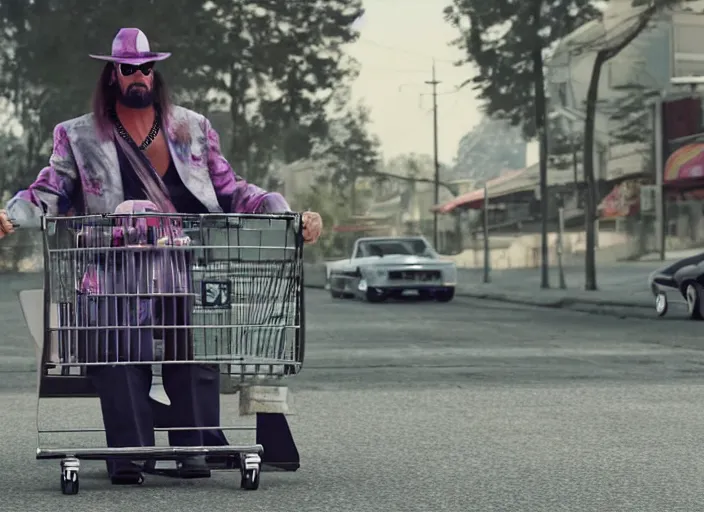 Prompt: macho man randy savage driving a shopping cart, movie still, from the new fast and furious movie, 8 k, realistic