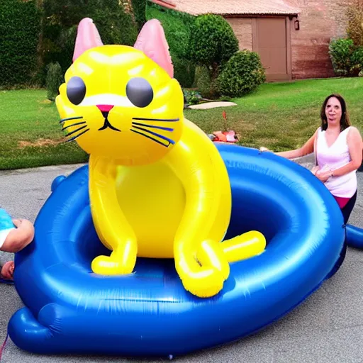 Prompt: inflating a balloon in the shape of a cat, growing cat balloon, big rubber cat, giant inflated cat