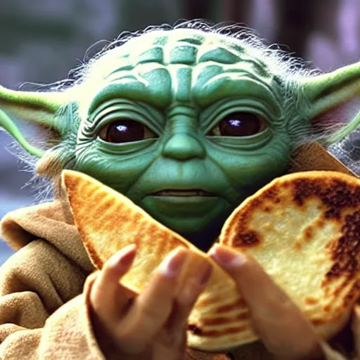 Image similar to A still of Yoda eating arepas, 4k, photograph, ultra realistic, highly detailed, professional lighting