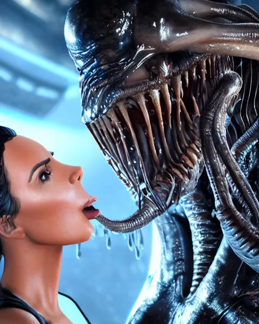 Image similar to movie still of kim kardashian being mouth fed by an xenomorph slathered in a transparent alien liquid, wet flowing hair, gooey skin, illustration, unreal engine 5, 8 k, directed by h. r. giger.