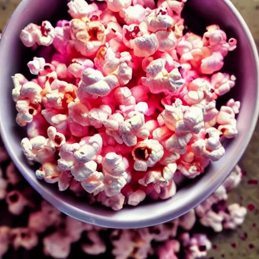 Image similar to close up high resolution photo of pink popcorn, very tasty, food photography, instagram, trending