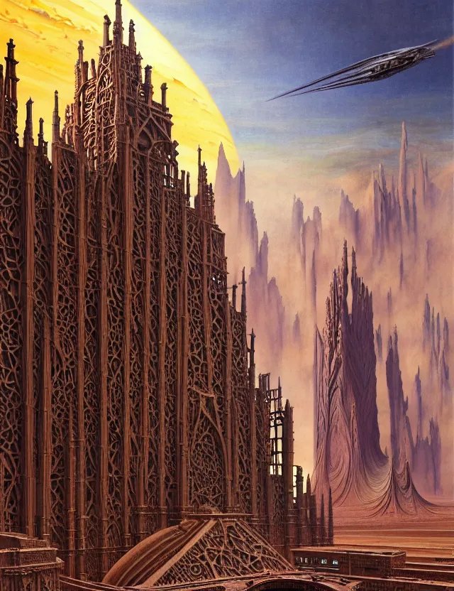 Image similar to giant immense crematorium advanced technology sci - fi architectural structure on desert planet, gothic architecture fantasy, d & d, intricate, painting by lucian freud and mark brooks, bruce pennington sakimi chan, fantasy armor, detailed face, dynamic lighting, tony sart