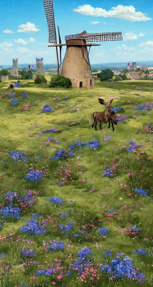 Prompt: very long shot of a magnificent simplified windmill, wild beautiful Donkey, spots of blue flowers nearby, medieval french landscape, Carcassonne, outskirts of city of carcassonne in the background by Stanley Artgerm Lau, WLOP, Rossdraws, frank frazetta, Andrei Riabovitchev, Marc Simonetti, tranding on artstation