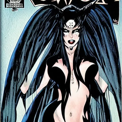 Image similar to Elvira mistress of the night comic book cover drawn by Jae lee