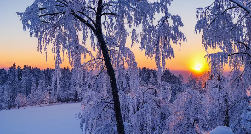 Prompt: winter in Scandinavia with snow hanging heavily from the trees, winter sunset