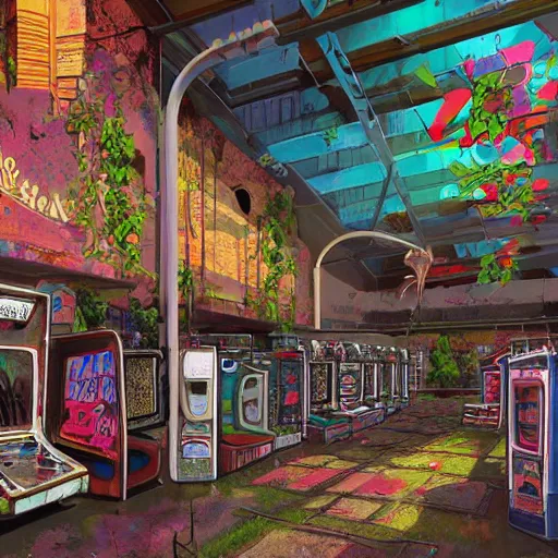 Prompt: beautiful, stunning digital art of an abandoned 1980s arcade with graffiti on the walls and plants growing from the cracks with colorful arcade games. by marc simonetti, featured on artstation