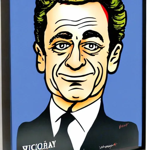 Prompt: portrait of Nicolas Sarkozy by Hergé, ligne claire french cartoon vivid colors