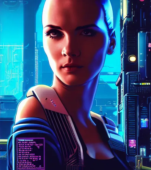 Prompt: cable plugged into cyberdeck, back of head, very very beautiful cyberpunk woman, computer, 1 9 7 9 omni magazine cover, style by vincent di fate, cyberpunk 2 0 7 7, very coherent, detailed, 4 k resolution, unreal engine, daz