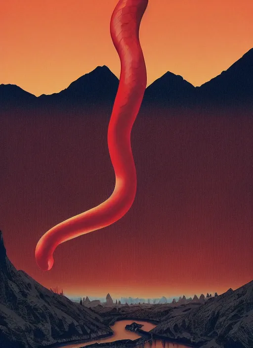 Image similar to Twin Peaks movie poster artwork by Michael Whelan and Tomer Hanuka, Rendering of a crimson colored snake, from a scene from Twin Peaks, clean, full of detail, Matte painting, trending on artstation and unreal engine