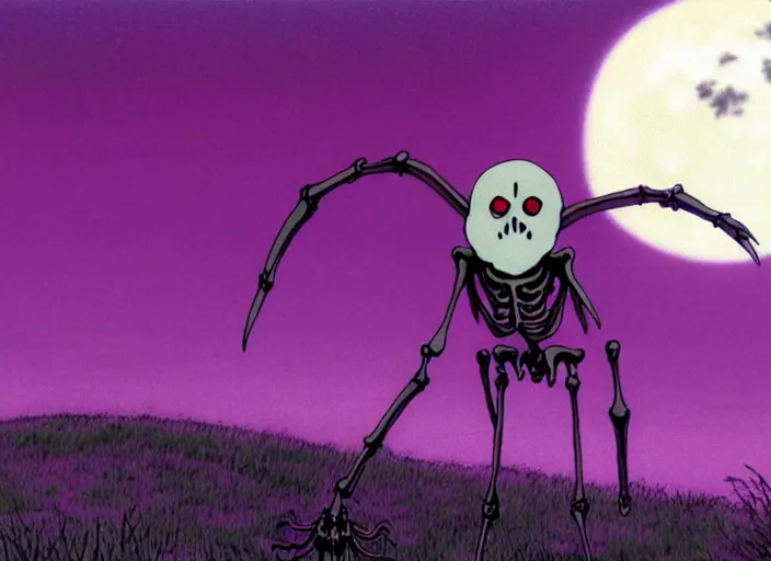 Image similar to a still from a studio ghibli movie of a purple cloaked skeleton necromancer from moomin ( 1 9 9 7 ), in front of a pale full moon, full body, wide shot, very dull muted colors, studio ghibli, highly detailed, deviantart, art by artgem