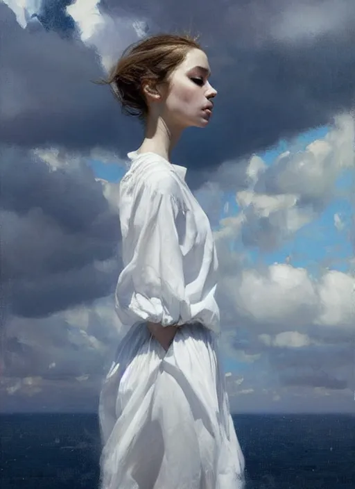 Prompt: portrait of girl dressed in white clothes , fantasy character portrait, dynamic pose, above view, sunny day, thunder clouds in the sky, artwork by Jeremy Lipkin and Giuseppe Dangelico Pino and Michael Garmash and rob rey, levitation, very coherent symmetrical artwork, perfect face, simple form