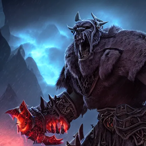 Image similar to epic world of warcraft orc warrior chief thrall standing in front of a gigantic throne made of dark ice with a dark sky above made of a dark hurricane spiral, extremely detailed, wow, cinematic, unreal engine 5, artistic, movie poster, world of warcraft cinematics style