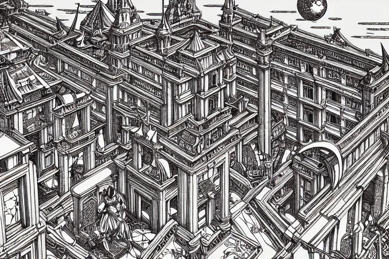 Image similar to late renaissance city on the coast, intricate linework, in the style of moebius, ayami kojima, 9 0's anime, retro fantasy