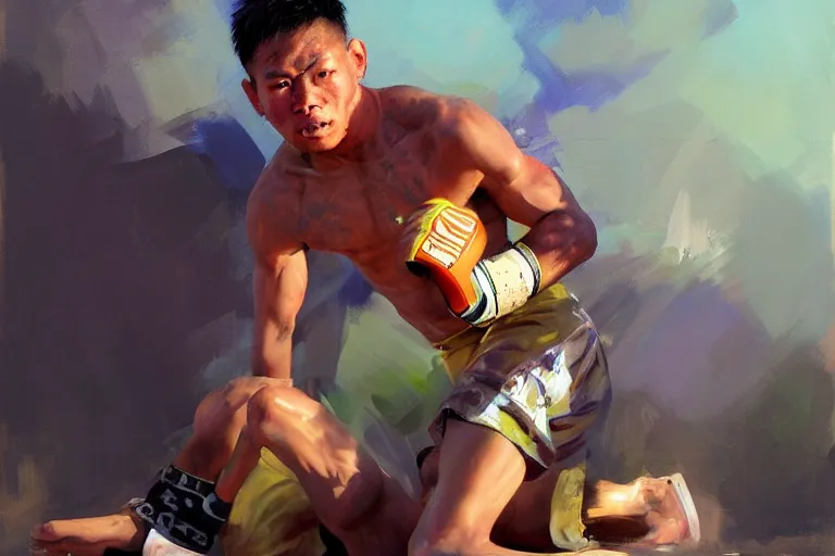 Image similar to greg manchess portrait of a filipino mma fighter defeated on the ground in an arena battle, organic painting, sunny day, matte painting, bold shapes, hard edges, street art, trending on artstation, by huang guangjian, gil elvgren, ruan jia, randy vargas, greg rutkowski