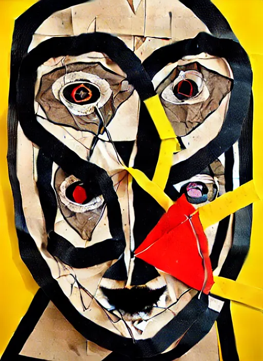 Prompt: a man with a moth mask, cardboard and scotch tape, chain, collage, acrylic on canvas, expressionism movement, breathtaking detailed, by blake neubert