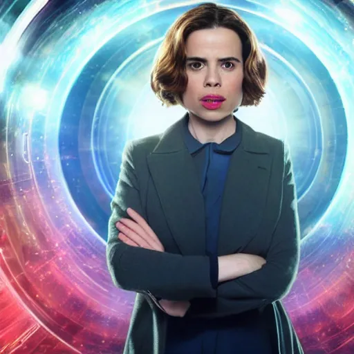 Image similar to a full body photograph of hayley atwell as'doctor who ', time vortex in the background, detailed face, symmetrical face, extreme realism and detail, 8 k, completely framed, direct lighting, 3 5 mm photo, photorealistic, sharp focus