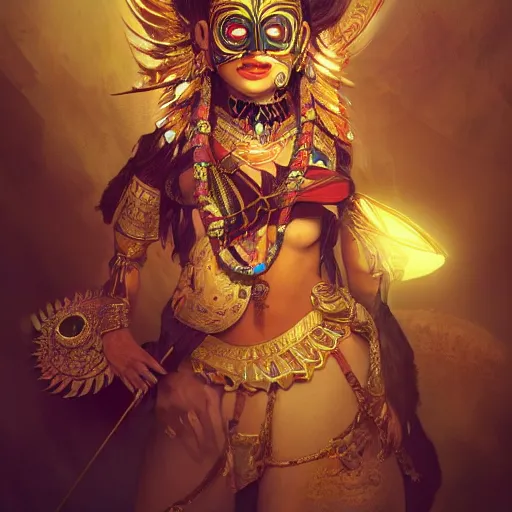 Image similar to the portrait, beautiful aztec masked female violinist, exotic costumes, gold jewelry, black hair ， illustration by wenjun lin, irakli nadar, bright colors, octopath traveler, wenjun lin, unreal engine 5 highly rendered, global illumination, radiant light, detailed and intricate environment