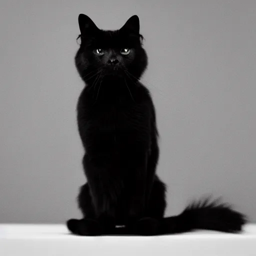 Image similar to national geographic photograph of a black longhair cat sitting in a white room