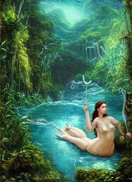 Prompt: a beautiful siren in a river of the amazon, fantasy art, matte painting, visionary art