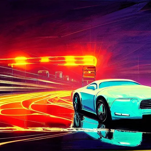 Image similar to a beautiful artwork of a car on a highway at night, neon vibes, by Jerome Opeña, featured on artstation