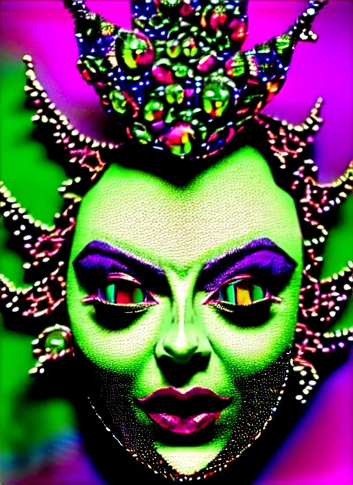 Prompt: baroque bedazzled gothic bedazzled futuristic frames surrounding a pixelsort highly detailed portrait of a colorful maximalist maximalism rotting jade statue of the green goblin, a hologram by penny patricia poppycock, pixabay contest winner, holography, irridescent, photoillustration, maximalist vaporwave