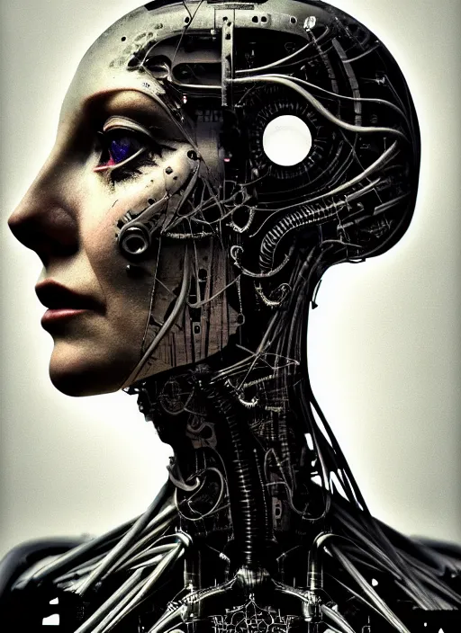 Image similar to a female cyborg profile face, by h. r. giger, by ismail inceoglu, by kiki smith, glamor shot, ambrotype, closeup, f / 2. 8, low contrast, 1 6 k, rim lighting, cinematic lighting, insanely detailed and intricate, hypermaximalist, elegant, ornate, hyper realistic, super detailed