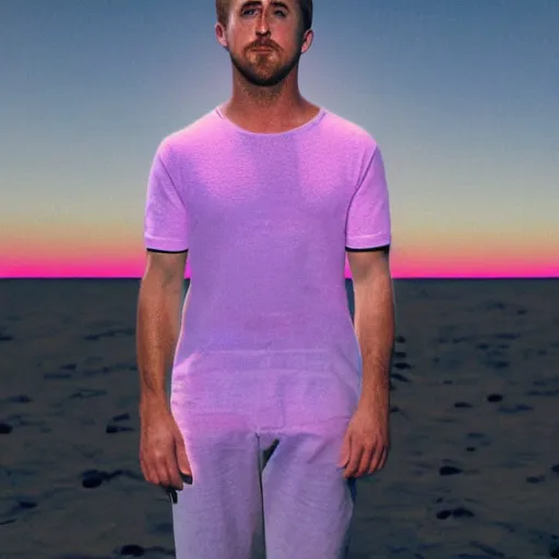 Image similar to ryan gosling robotic clothes in the beach purple sun, pink lighting ultra realistic photorealistic highly detailed high quality 8 k