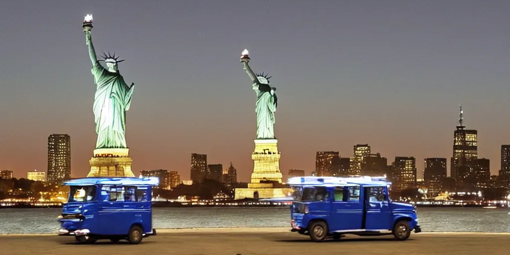 Prompt: a lonely blue tuk tuk with the statue of liberty in the background, night