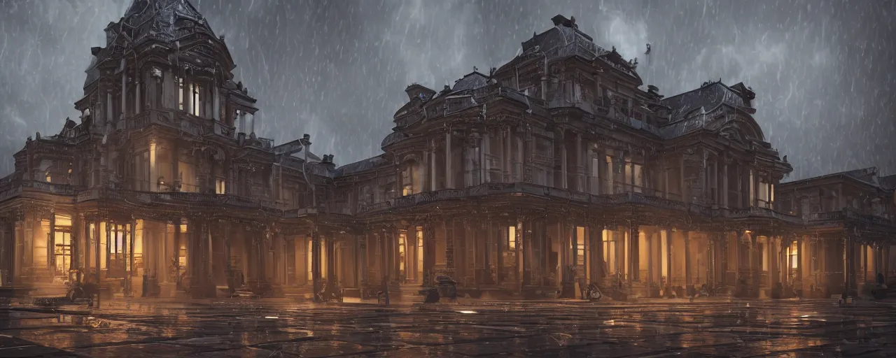 Image similar to victorian architecture, wood, marble, steam, rain, night, dramatic lighting, lightning bolt, trending on Artstation, 8k, highly realistic, hyper detailed, unreal engine 5, IMAX quality, realistic, cinematic, epic lighting, realistic, in the style of Zaha Hadid