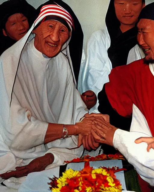 Prompt: mother Teresa arm wrestling genghis khan