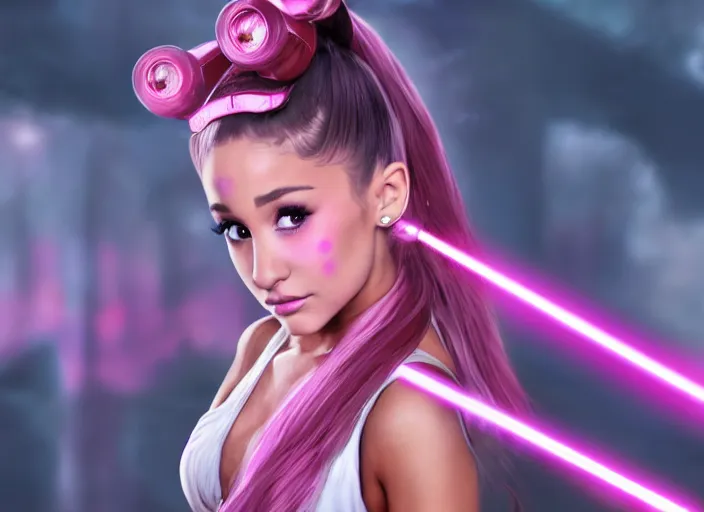 Image similar to An extremely detailed photo of Ariana Grande in the Star Wars universe with two pink lightsabers held in each hand. Maximum detail on artstation, photo realism, vivd details, vivd colour, volumetric lighting. anime art style