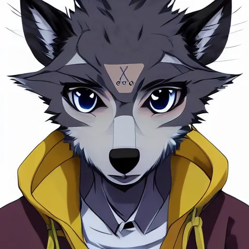 Image similar to key anime visual portrait of an anthropomorphic anthro wolf fursona, in a jacket, with handsome eyes, official modern anime art