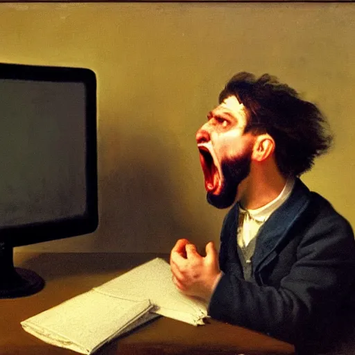 Image similar to an angry man yells at his computer monitor, oil on canvas, 1 9 0 1