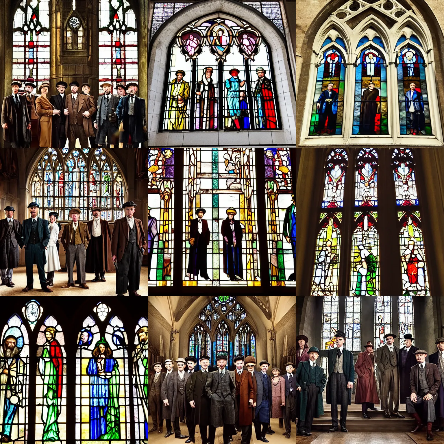 Prompt: church with stained glass window peaky blinders cast characters