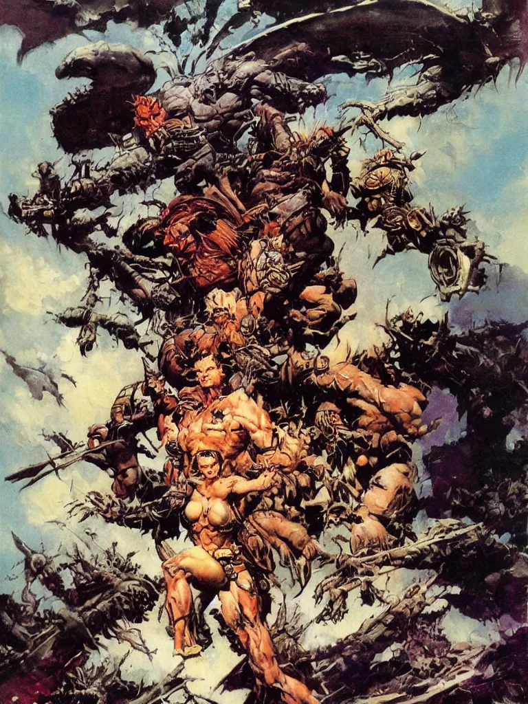 Prompt: a fantasy book cover by frank frazetta