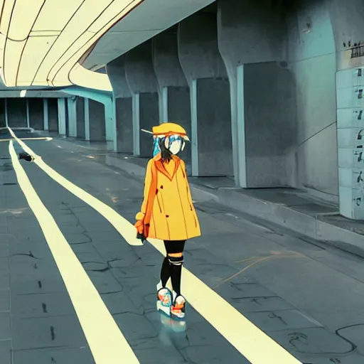 Image similar to anime girl with very large beret, cel - shading, 2 0 0 1 anime, flcl, jet set radio future, golden hour, underground facility, underground tunnel, pipes, rollerbladers, rollerskaters, cel - shaded, jsrf, strong shadows, vivid hues, y 2 k aesthetic