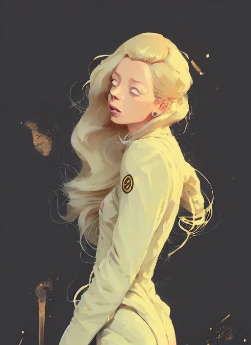 Image similar to highly detailed closeup portrait of beautiful portia doubleday, blonde wavy hair, angela moss, white suit by atey ghailan, by greg rutkowski, by greg tocchini, by james gilleard, by joe fenton, by kaethe butcher, gradient yellow, black and white color scheme, grunge aesthetic!!! ( ( graffiti tag wall background ) )