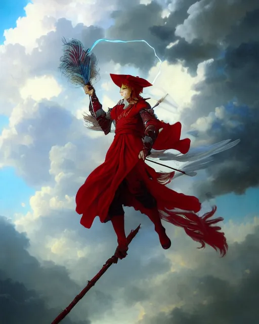 Prompt: A Full View of a Red Mage wearing striped shining armor and a feathered hat holding a staff of power surrounded by an epic cloudscape. Magus. Red Wizard. masterpiece. 4k digital illustration. by Ruan Jia and Artgerm and Andreas Rocha and William-Adolphe Bouguereau and Edmund Blair Leighton. award winning, Artstation, intricate details, realistic, Hyperdetailed, 8k resolution. Concept Painting. Key Art